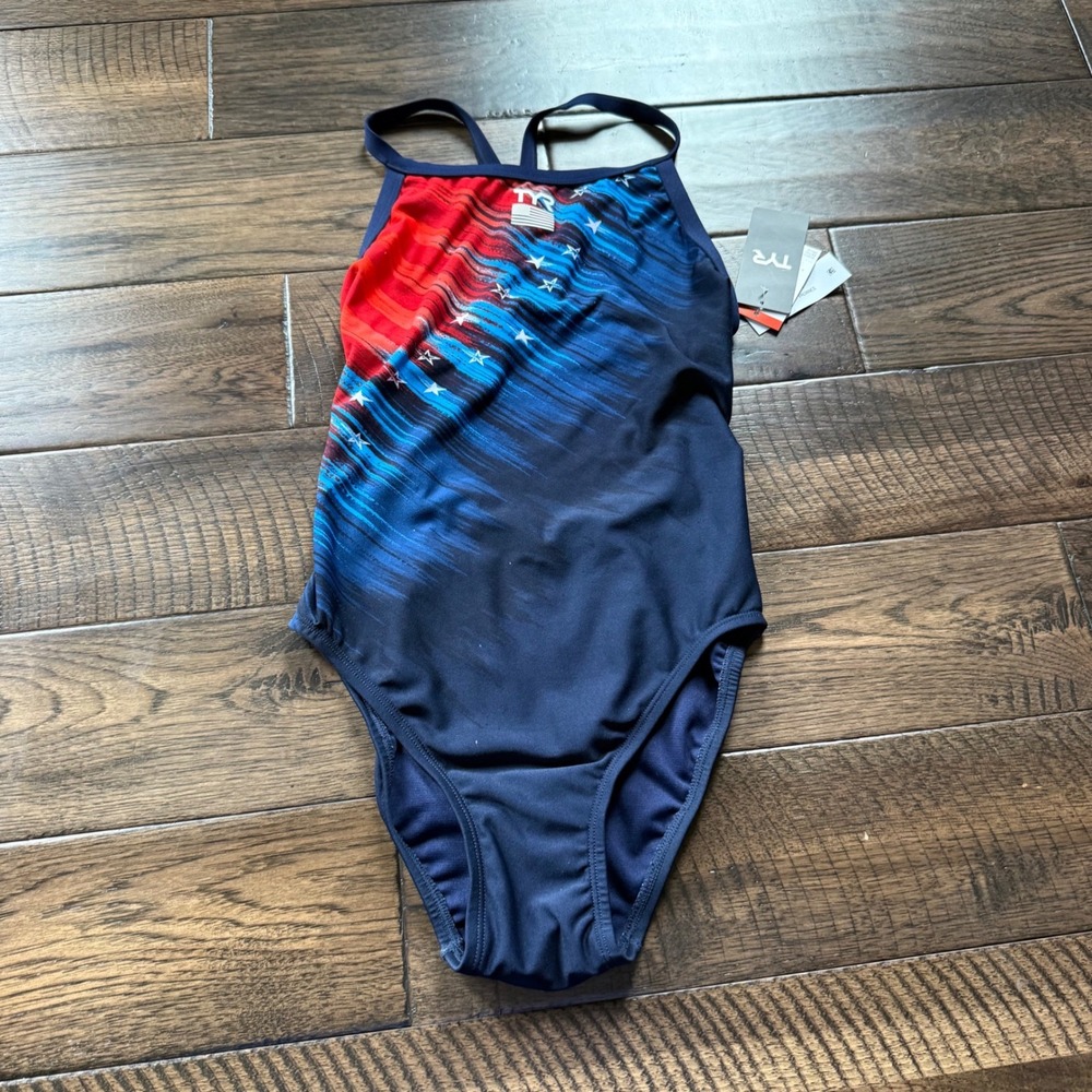 TYR Valiant Diamondfit One Piece Swimsuit Navy Red White Stars P04035H Size 34 M